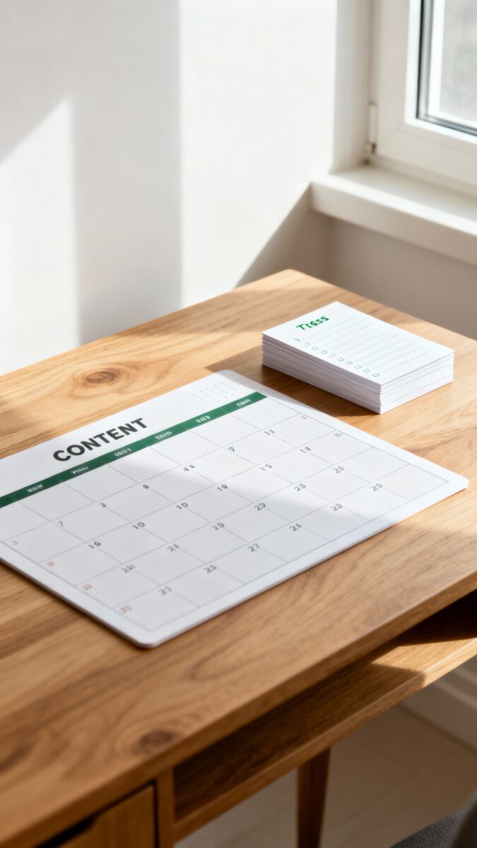 content calendar on desk with evergreen topics list