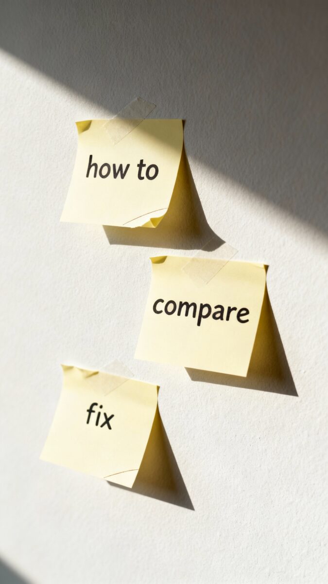 sticky notes labeled “how to” “compare” “fix” on wall