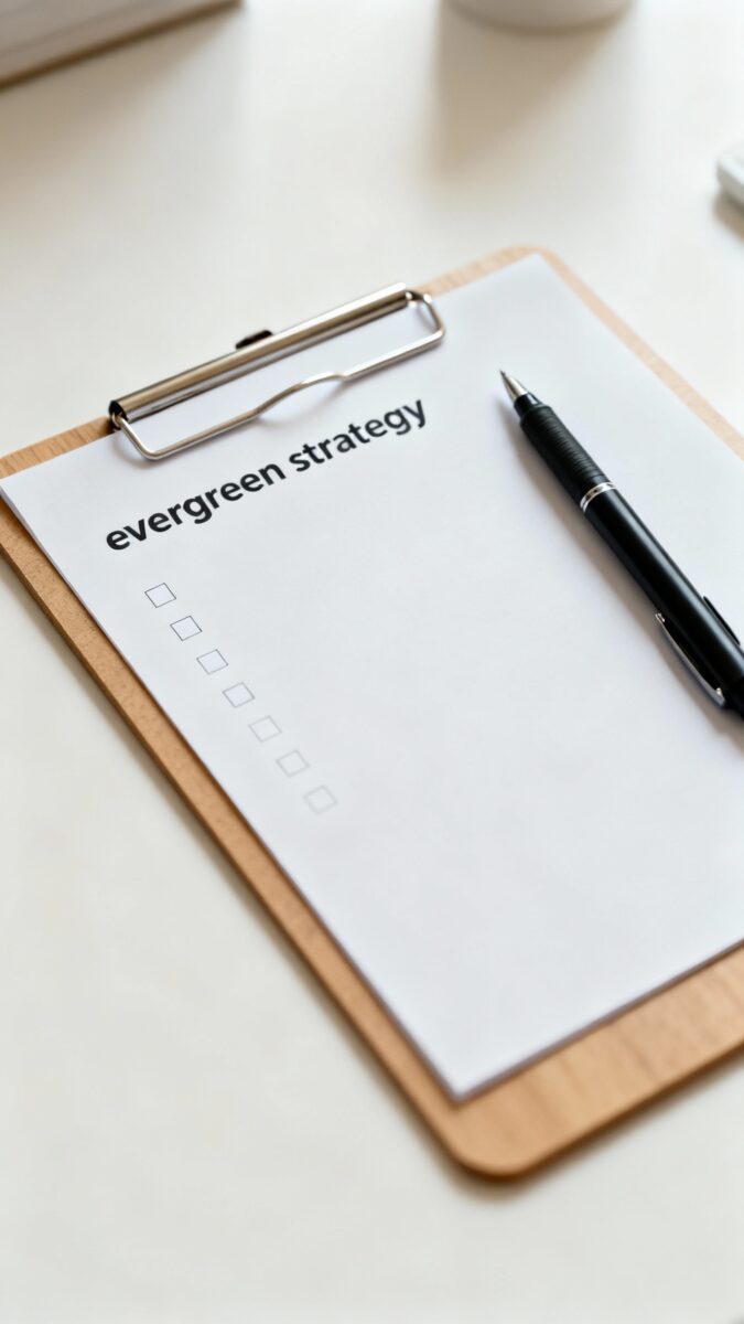 checklist titled evergreen strategy on clipboard with pen