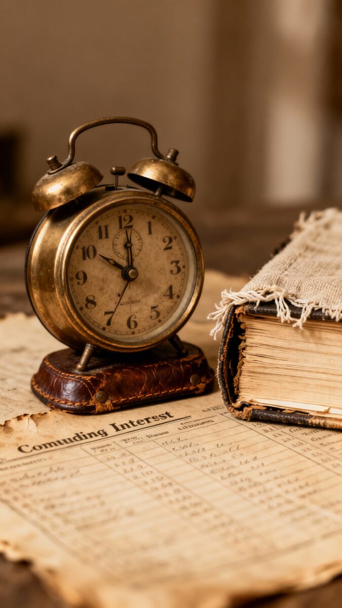 vintage alarm clock beside compounding interest notebook, soft light