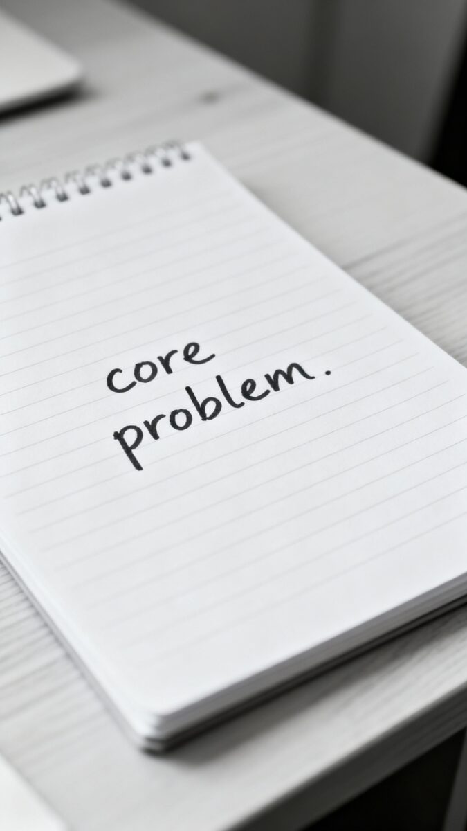 Notepad with “core problem” one-liner, clean desk
