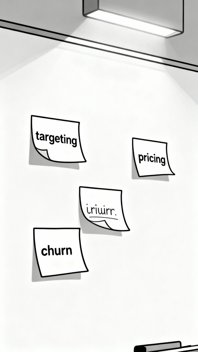 Sticky notes labeled targeting, pricing, churn on whiteboard