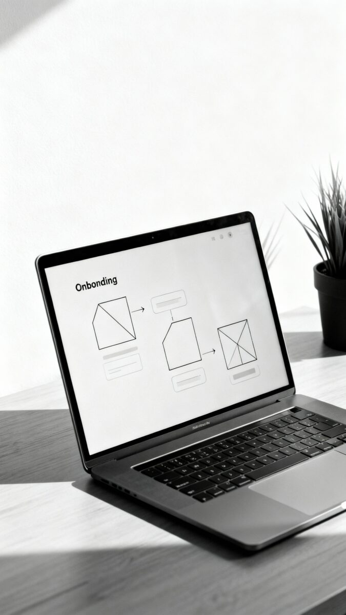 Laptop screen showing onboarding flow wireframe, minimalist workspace