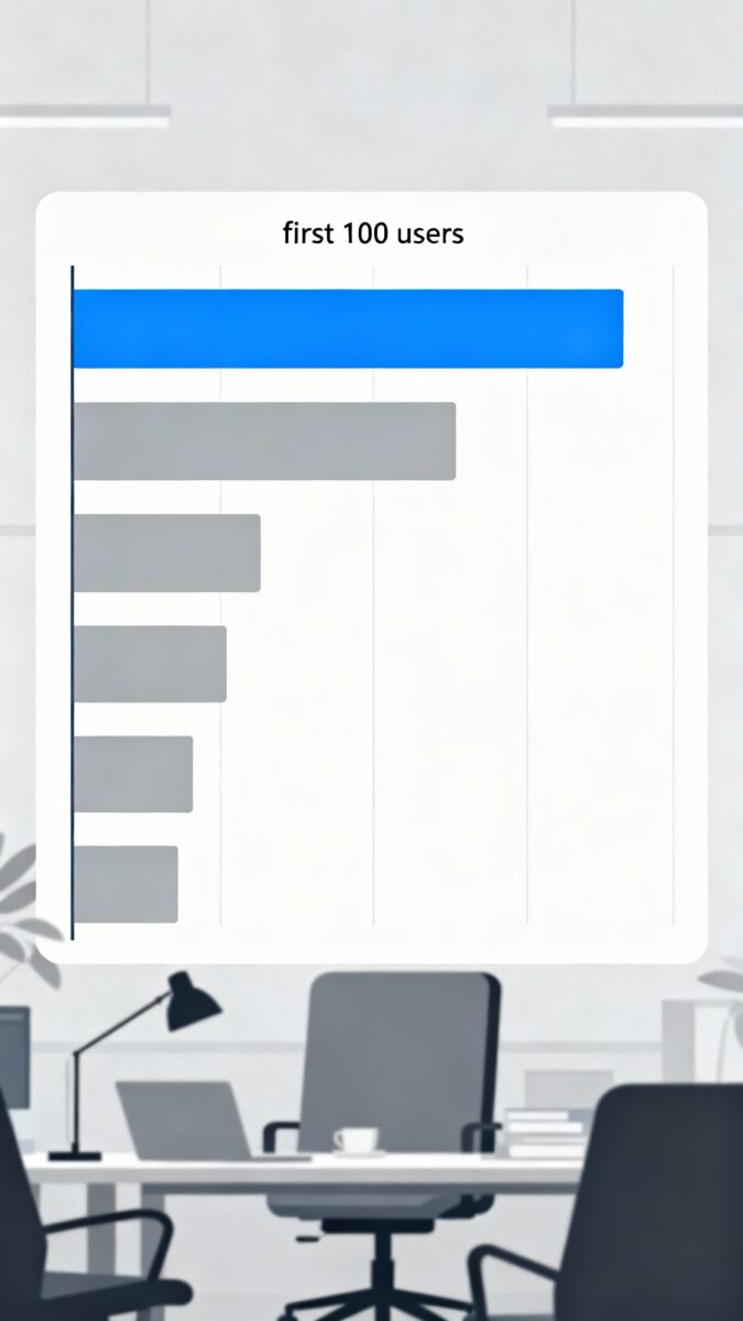 Bar chart labeled “first 100 users,” simple office background