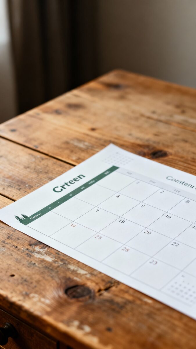 evergreen content calendar on wooden desk
