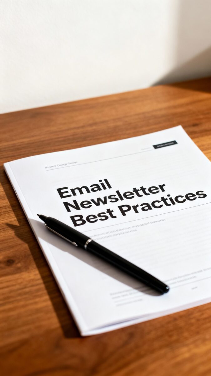 printed “Email Newsletter Best Practices” guide with pen