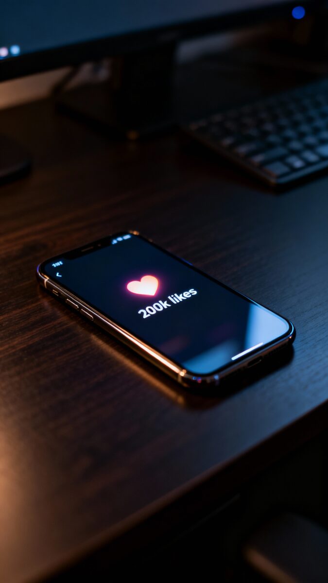 smartphone screen with 200k likes notification, dark desk