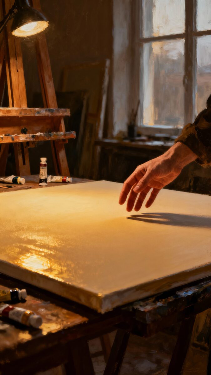 painter’s hand hovering over blank canvas, dim studio