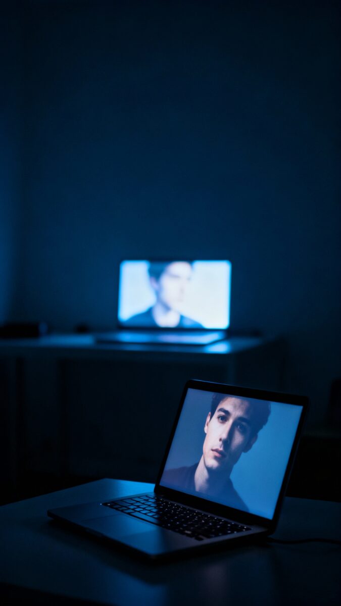 late-night laptop glow on creator’s face, empty room