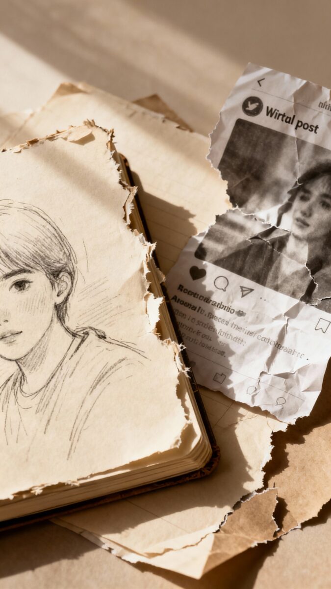 torn sketchbook page beside viral post printout, soft light