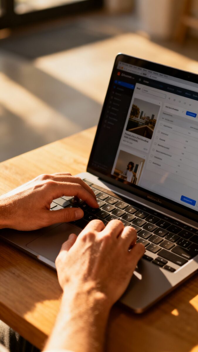 creator’s hands scheduling posts on laptop, soft morning light