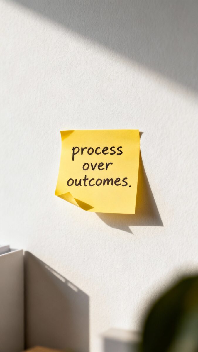 sticky note reading “process over outcomes” on studio wall
