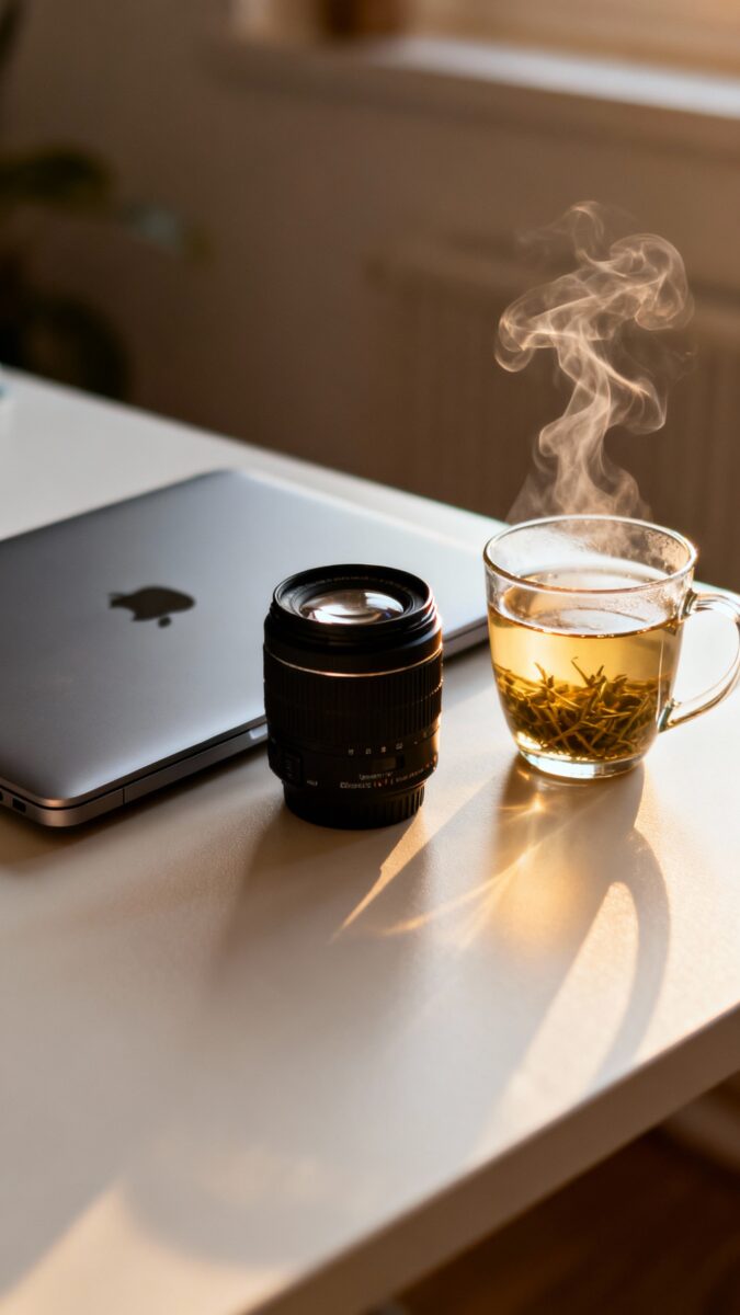 closed laptop beside camera lens and herbal tea, calm desk