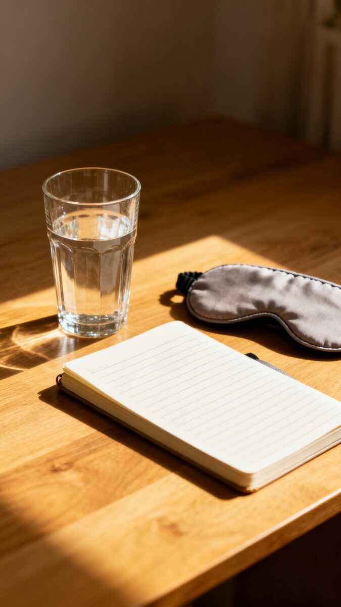 sunlit desk with water glass, notebook, and sleep mask
