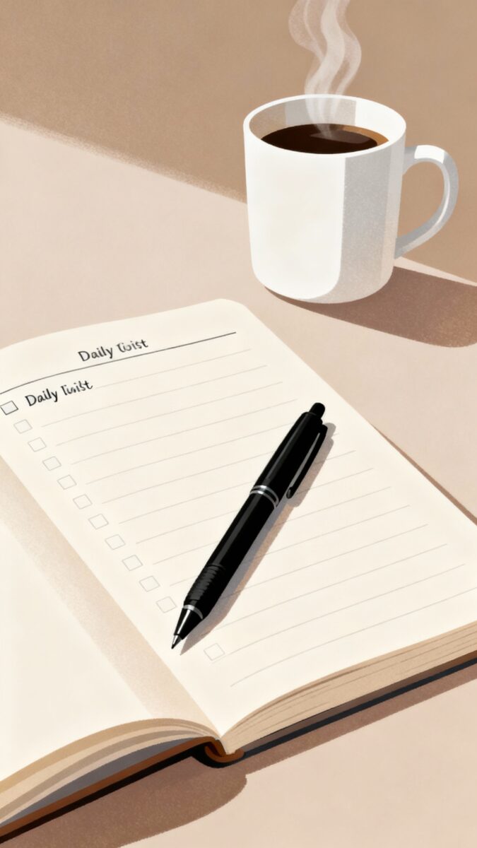 open planner with daily rituals checklist, pen, coffee
