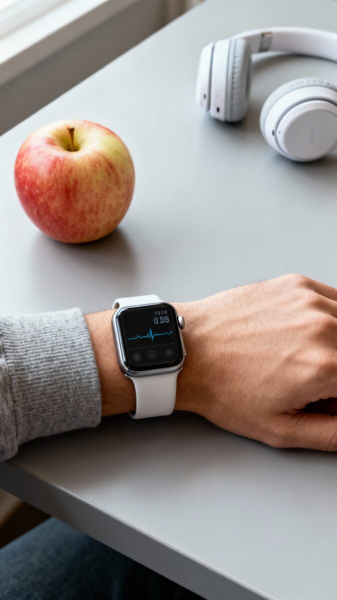 heart-rate watch on wrist, apple and headphones on table
