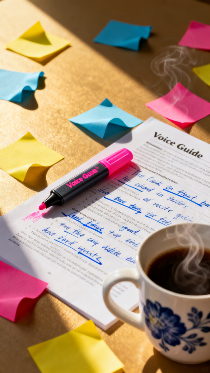 Closeup of annotated voice guide page, sticky notes, highlighter, coffee mug