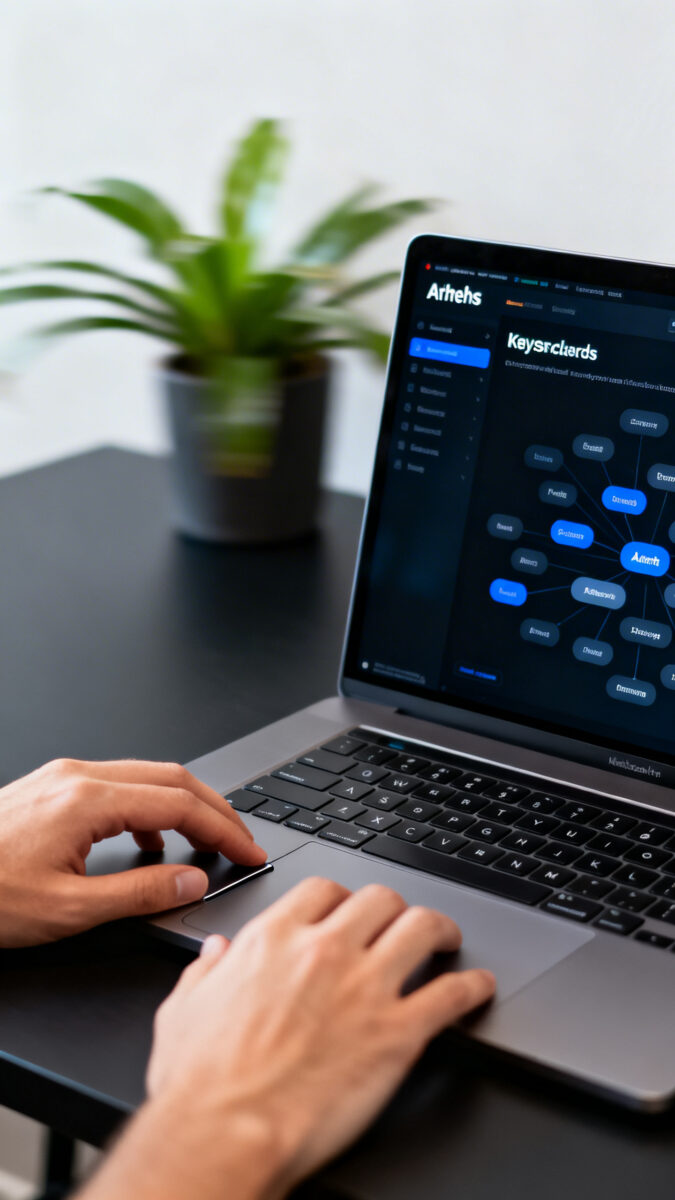 Closeup of laptop screen showing Ahrefs keyword clusters, dark UI, fingers on trackpad, desk plant b