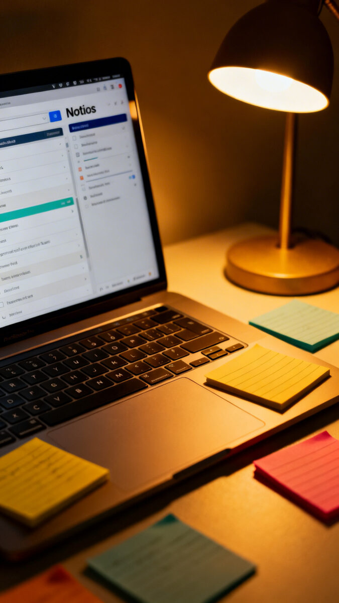 Closeup of Notion dashboard on laptop, sticky notes, warm desk lamp