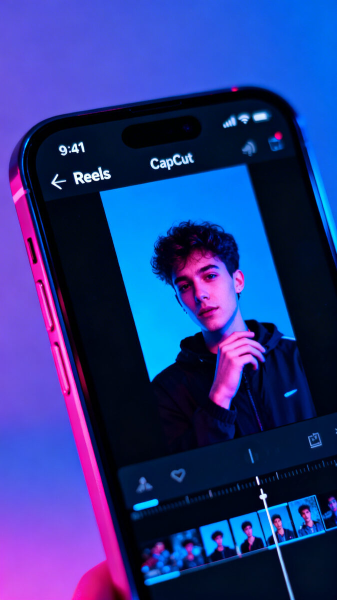 Closeup of smartphone screen editing Reels in CapCut, neon captions