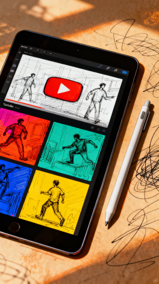 Closeup of YouTube thumbnail sketches on tablet, stylus, vibrant color blocks