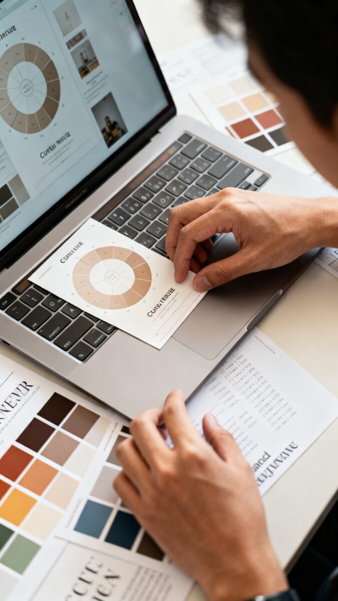 Hands arranging carousel templates on laptop, color swatches, typography samples