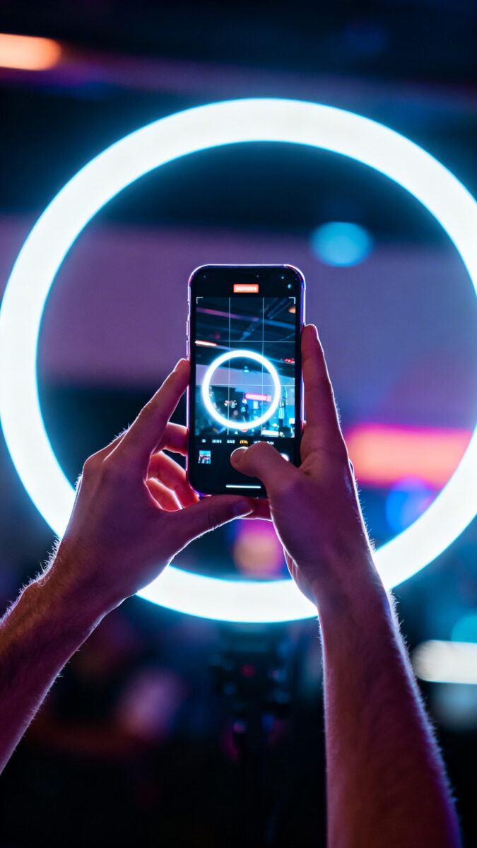 Hands holding smartphone filming vertical TikTok, ring light reflection, soft neon