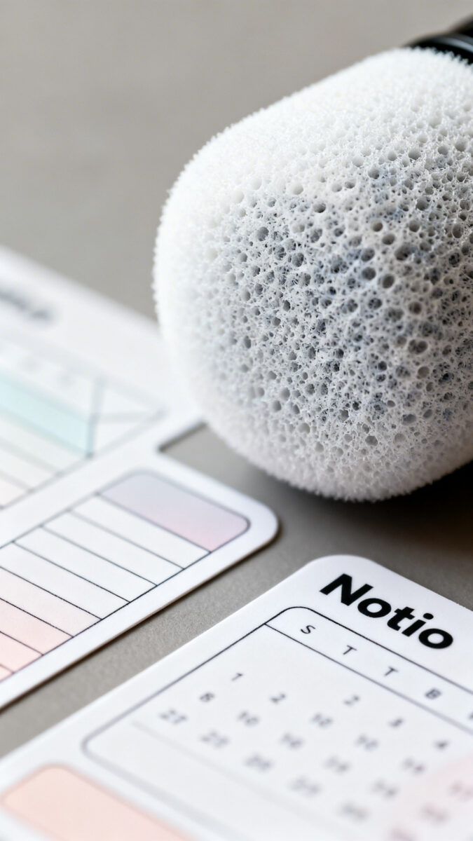 Macro of DSLR microphone foam windscreen beside Notion-styled content calendar stickers