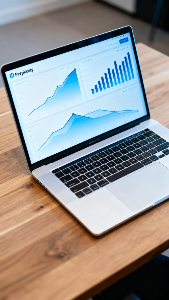 Overhead shot of laptop running Perplexity, charts and trend graphs, cool lighting