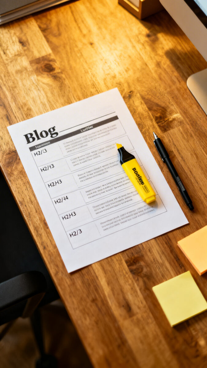 Overhead shot of printed blog outline with H2/H3 headings, yellow highlighter, black pen, sticky not