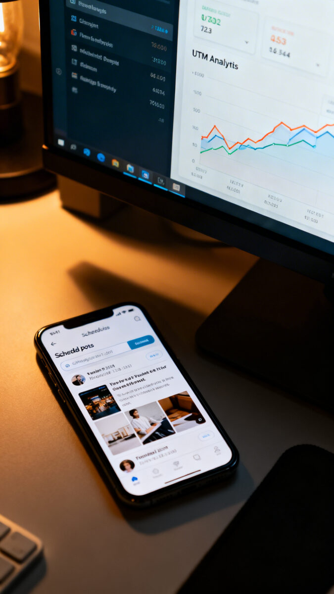 Smartphone screen scheduling posts, UTMs analytics graphs, dim desk lighting