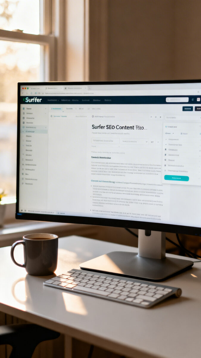 Split desktop setup with Surfer SEO content editor on ultrawide monitor, external keyboard, coffee m