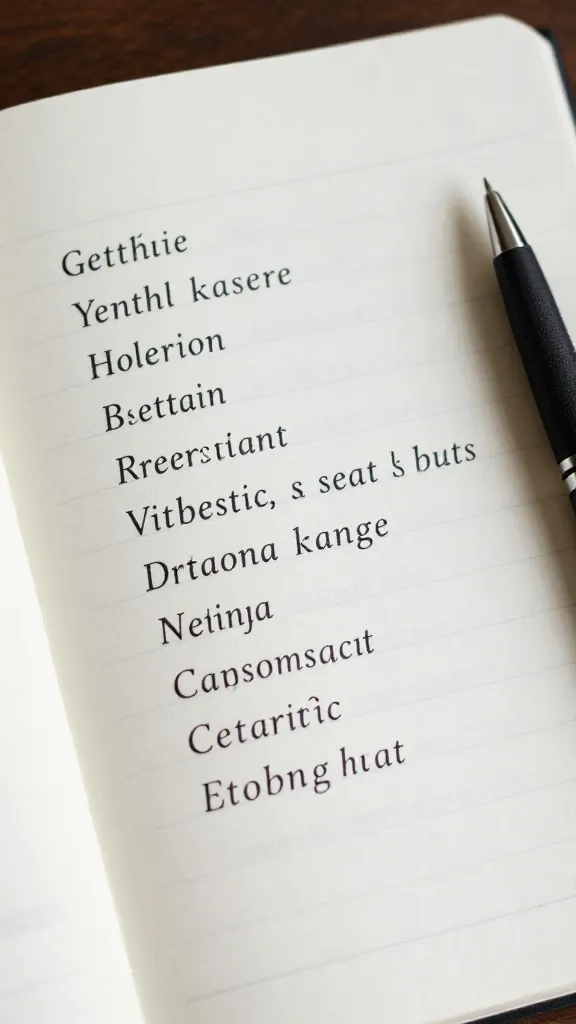 closeup of a lone notebook with printed keyword terms and a pen