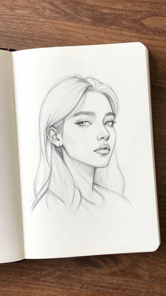 closeup of a single notebook open to AI outline sketch on grainy wood desk