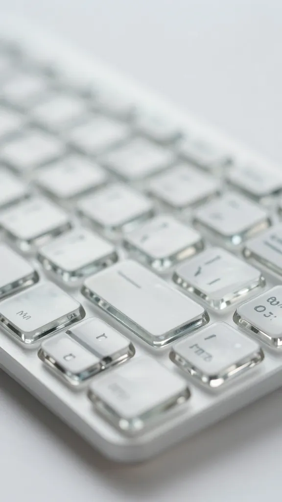 Closeup of a single glass keyboard with glassy keys and a soft bokeh background