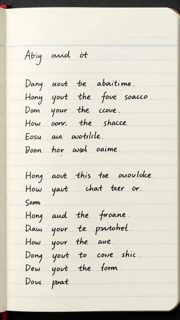 Closeup of a single notebook page showing AI-generated caption draft in pen ink