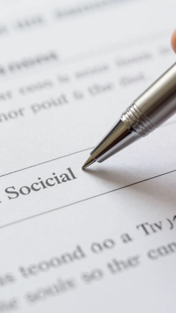 Closeup of a single silver pen poised over a printed social post draft