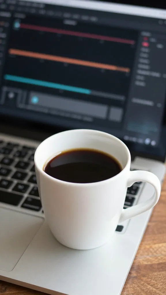 Closeup of a single coffee cup beside a laptop showing a tone-adjustment slider on screen