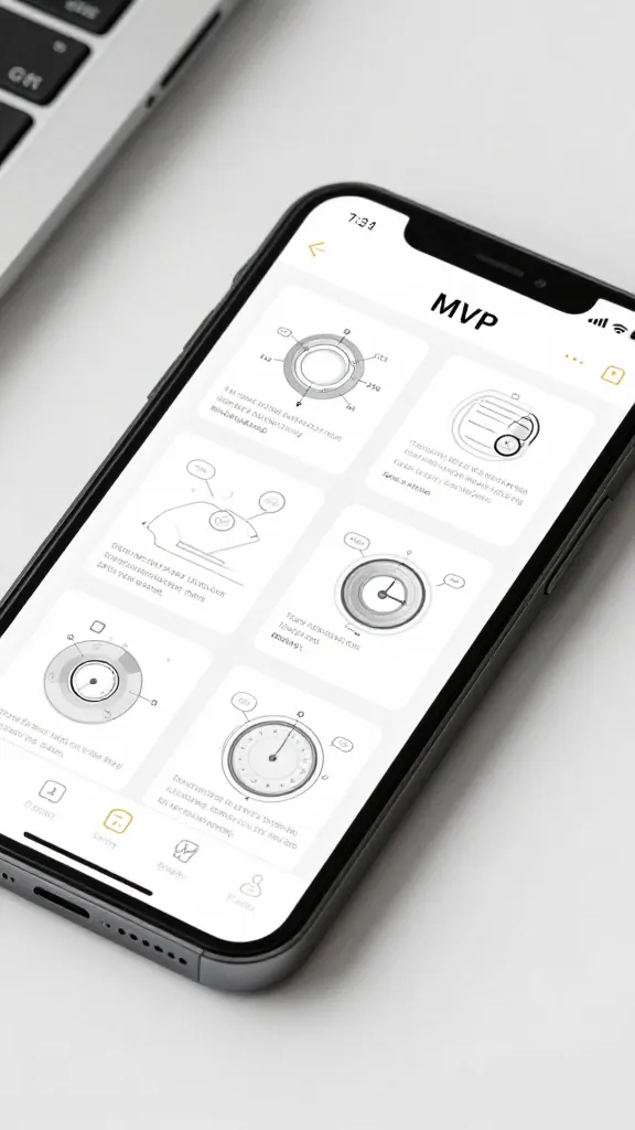 Closeup of a smartphone displaying MVP concept wireframes in a clean desk setup