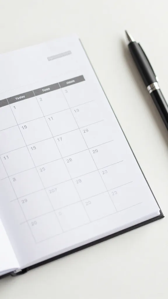 closeup of a content calendar on a clean desk with a pen and notebook