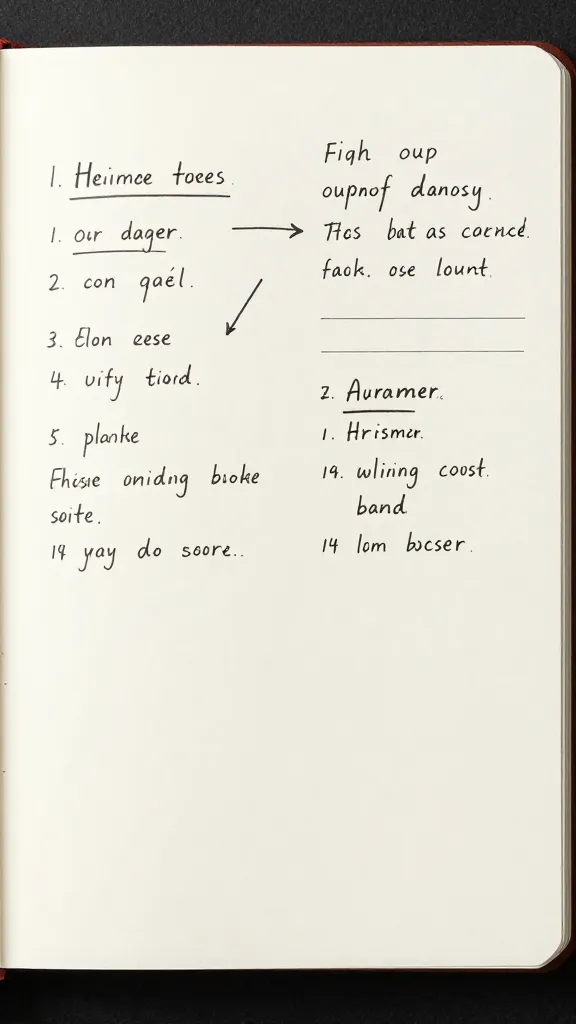 closeup of a single brainstorming notebook page with AI-generated outline notes