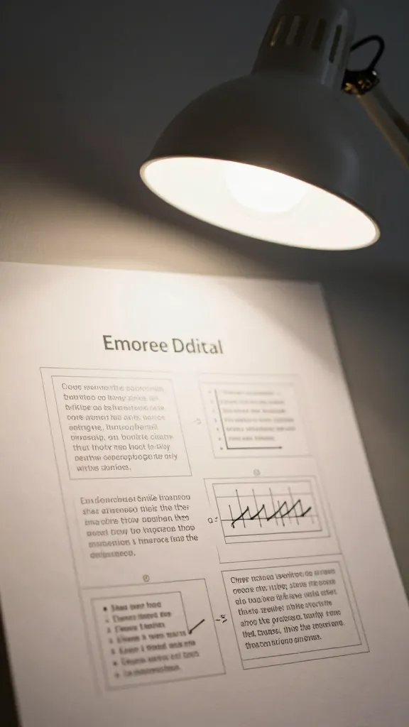 closeup of a single desk lamp illuminating a drafted editorial outline on paper