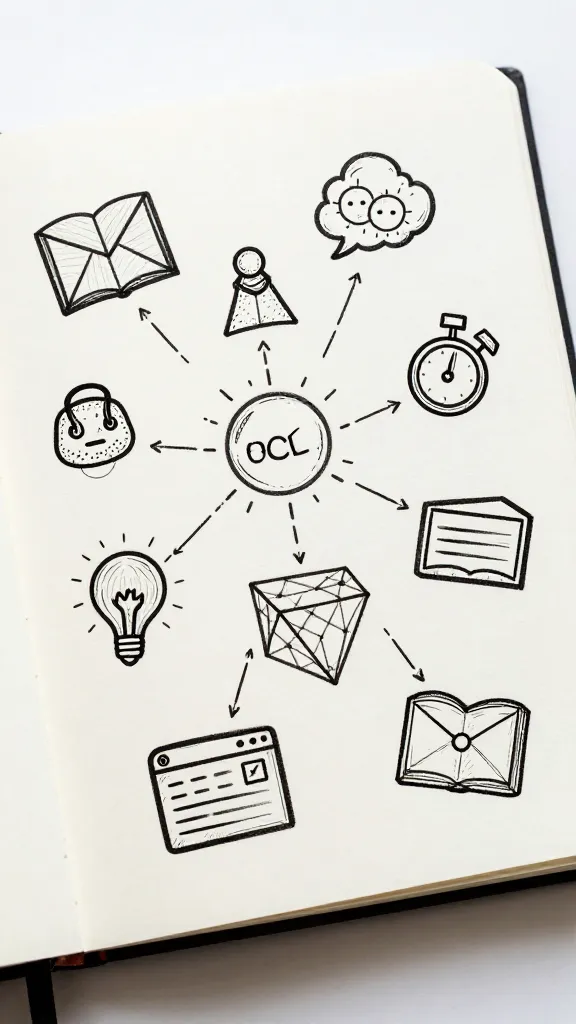 closeup of a single notebook open to ideas, with AI doodle overlay on page