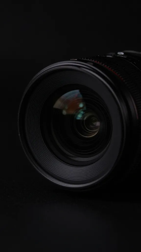 closeup of a single camera lens against a black background, soft rim light