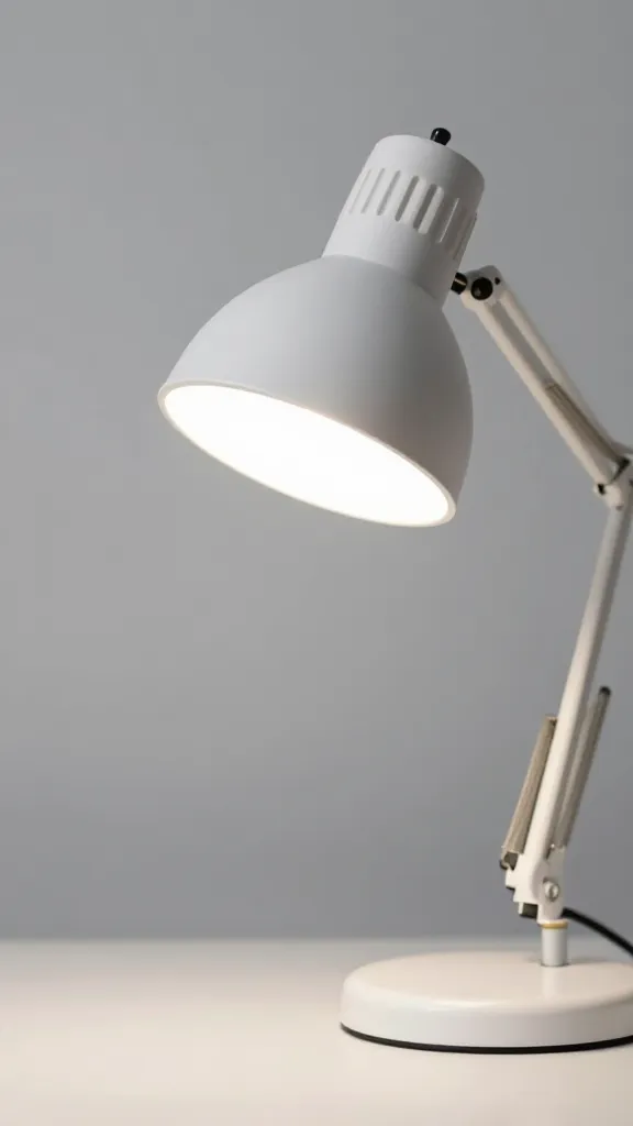 closeup of a single white desk lamp illuminating a clean creative workspace, minimal clutter