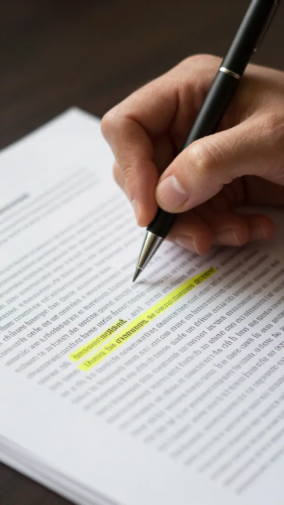 Closeup of a writer’s hands editing a document with highlighted keywords