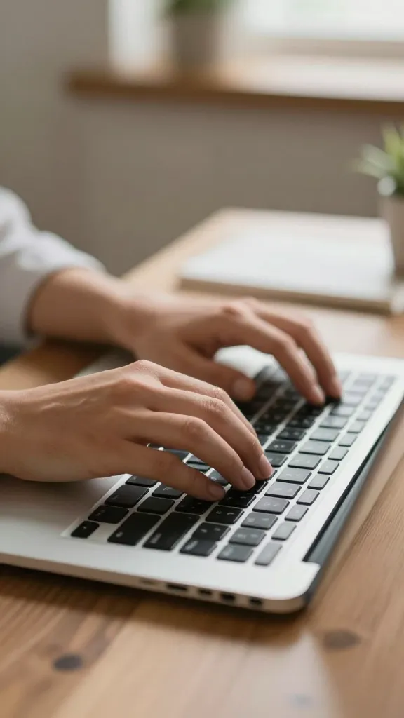 Closeup of a writer typing on a sleek laptop in a quiet home office