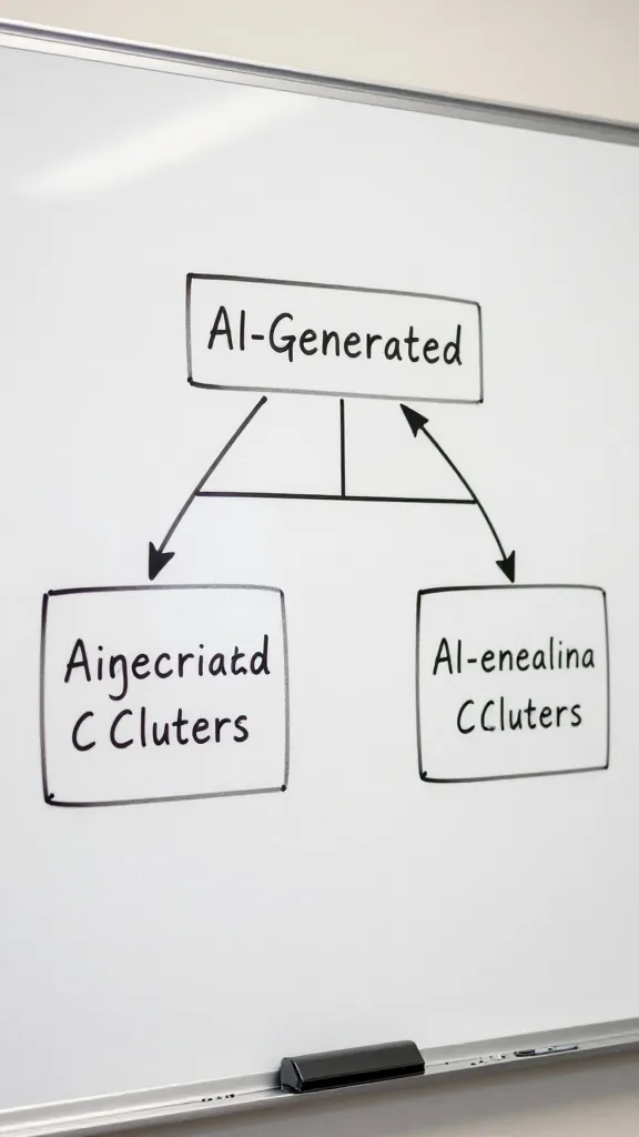 Closeup of a whiteboard with AI-generated topic clusters and arrows