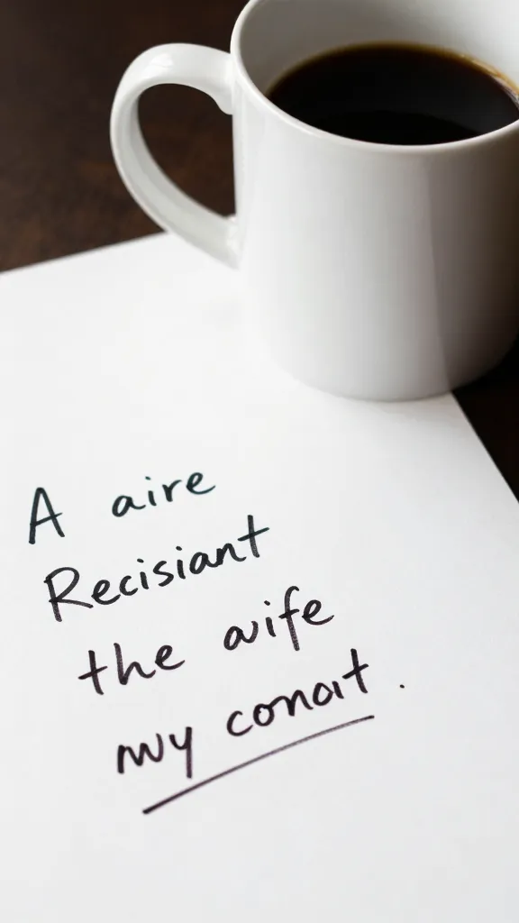 Closeup of a coffee mug beside a handwritten draft on a desk