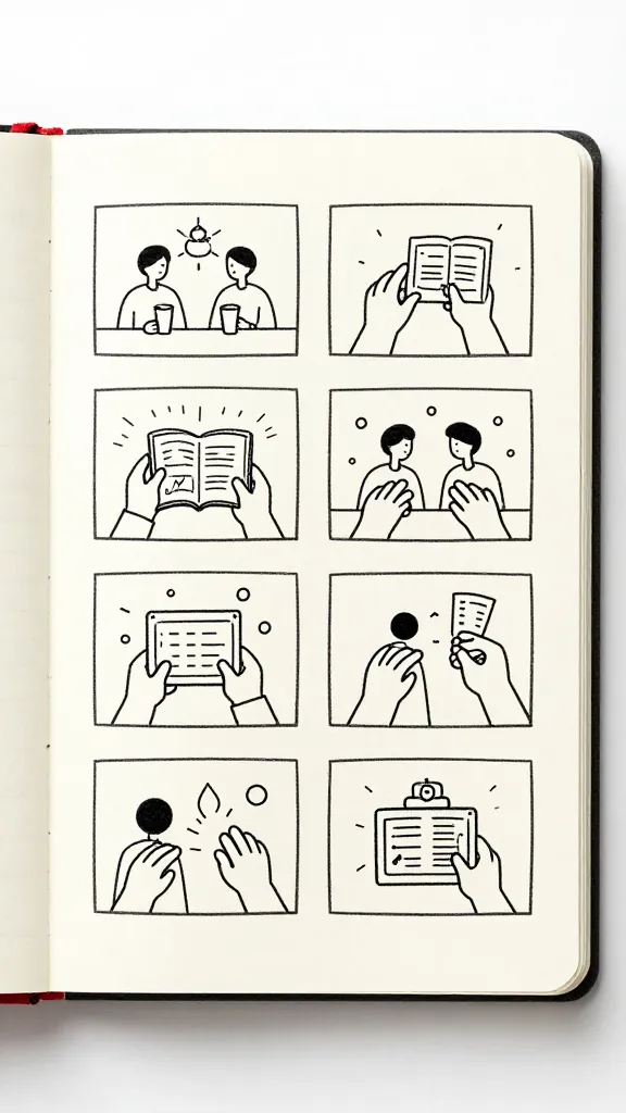 Closeup of a minimalist idea notebook with AI-generated storyboard on spread pages